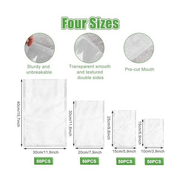 GBACHOOSE Lot de 200 sacs sous vide pour aliments 50 10 x 15 cm et 50 15 x 25 cm et 50 20 x 30 cm et 50 30 x 40 cm po