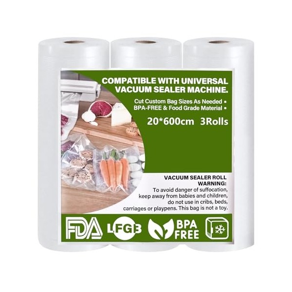 GIBOHOM Sac Sous Vide Alimentaire, 3 Rouleau Sous Vide Alimentaire 20 x 600 cm, 150 µm Sans BPA Antidéchirure, Film Sous Vide