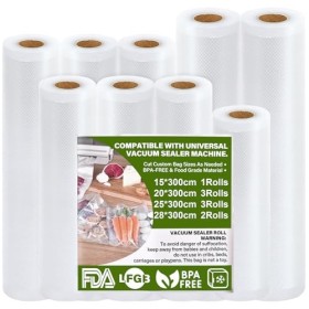 GIBOHOM Sac Sous Vide Alimentaire, 9 Rouleau Sous Vide Alimentaire 15/20/25/28 x 300 cm, 150µm Sans BPA Antidéchirure, Film S