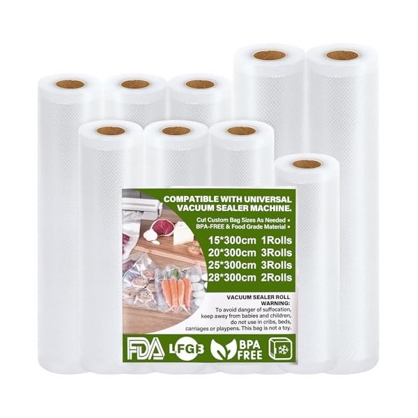 GIBOHOM Sac Sous Vide Alimentaire, 9 Rouleau Sous Vide Alimentaire 15/20/25/28 x 300 cm, 150µm Sans BPA Antidéchirure, Film S