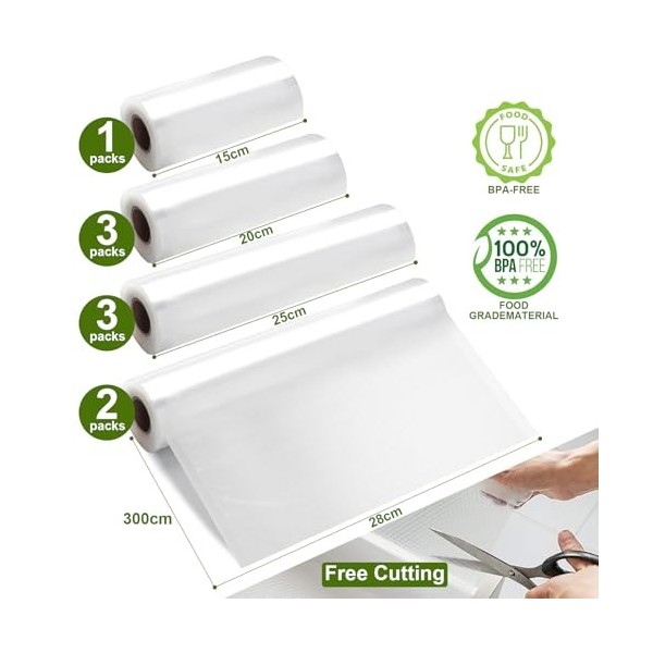 GIBOHOM Sac Sous Vide Alimentaire, 9 Rouleau Sous Vide Alimentaire 15/20/25/28 x 300 cm, 150µm Sans BPA Antidéchirure, Film S