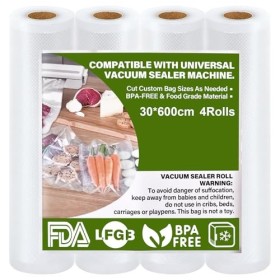 GIBOHOM Sac Sous Vide Alimentaire, 4 Rouleau Sous Vide Alimentaire 30 x 600 cm, 150 µm Sans BPA Antidéchirure, Film Sous Vide