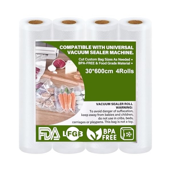 GIBOHOM Sac Sous Vide Alimentaire, 4 Rouleau Sous Vide Alimentaire 30 x 600 cm, 150 µm Sans BPA Antidéchirure, Film Sous Vide