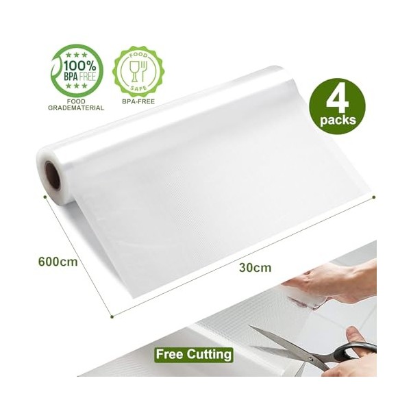 GIBOHOM Sac Sous Vide Alimentaire, 4 Rouleau Sous Vide Alimentaire 30 x 600 cm, 150 µm Sans BPA Antidéchirure, Film Sous Vide