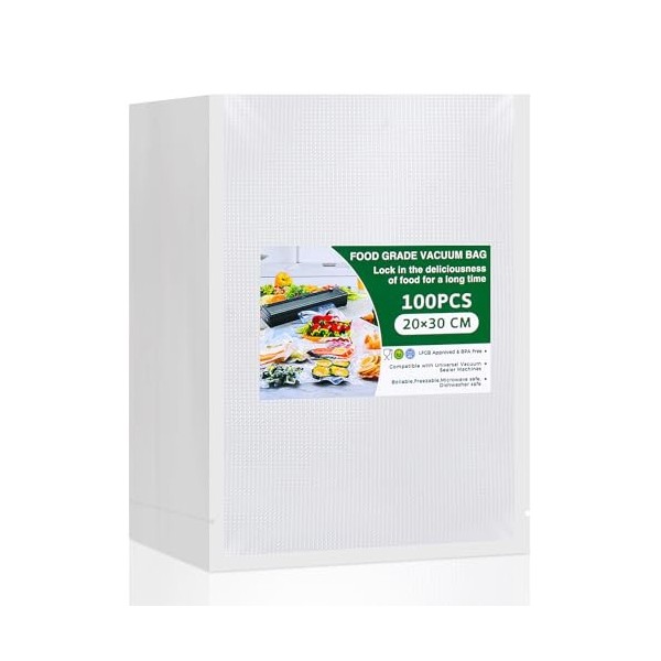 Vinabo Sacs Sous Vide Alimentaire 20 x 30 cm 100 Sachets pour Machine Sous Vide des Aliments et la Cuisson, Sac Sous Vide Gau