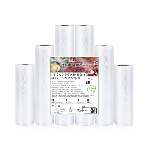 KitchenBoss Rouleau Sous Vide Alimentaire：6 Rouleaux Sac Sous Vide Alimentaire, 15x2|20x2|28x2|x300 cm Sachet Sous Vide Alime