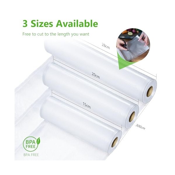 KitchenBoss Rouleau Sous Vide Alimentaire：6 Rouleaux Sac Sous Vide Alimentaire, 15x2|20x2|28x2|x300 cm Sachet Sous Vide Alime