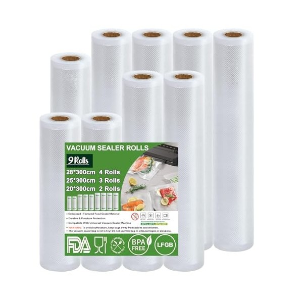 Omtofo Rouleau Sous Vide Alimentaire, 9 Rouleaux 20/25/28cm*300cm Sac Sous Vide, Convient à Tous Machine Sous Vide, Sachet So