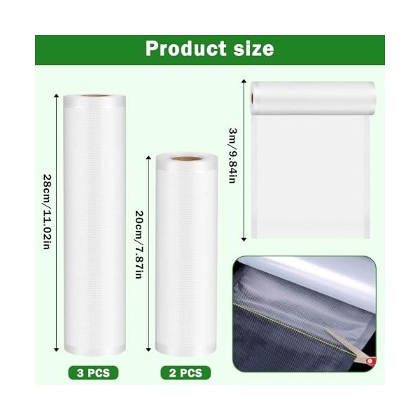 UZSUZZ Sac Sous Vide Alimentaire 5 Rouleaux 28x3/20x2/300cm Sac Rangement Sous Vide Aspirateur Rouleau Sous Vide Alimentaire 