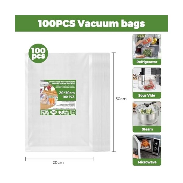 Sacs Sous Vide Alimentaire-100 Sachets,Sacs à Faire le Vide dair Gaufrés Convient à Tous Machine Sous Vide,pour la Conservat