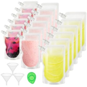 ASelected Lot de 24 pochettes à boisson en plastique réutilisables avec bec verseur anti-fuite, pour alcool, jus de fruits, l