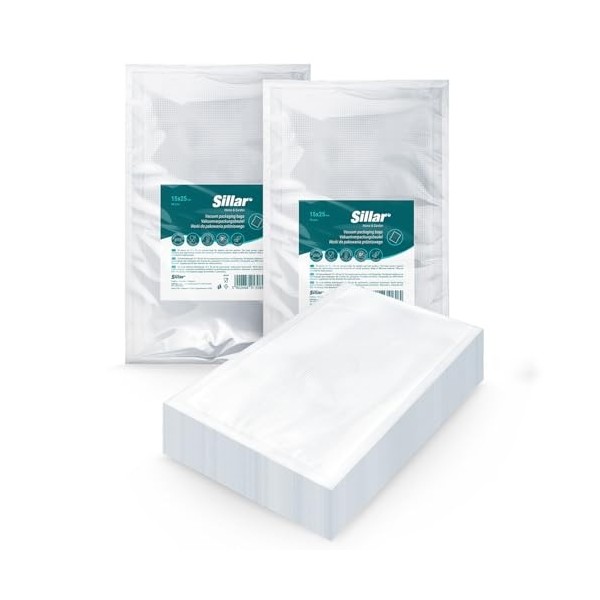Sillar Sacs Sous Vide Alimentaire 100 pièces 15x25cm Sachets pour Machine Sous Vide - Sacs à Faire le Vide dair Gaufrés pour