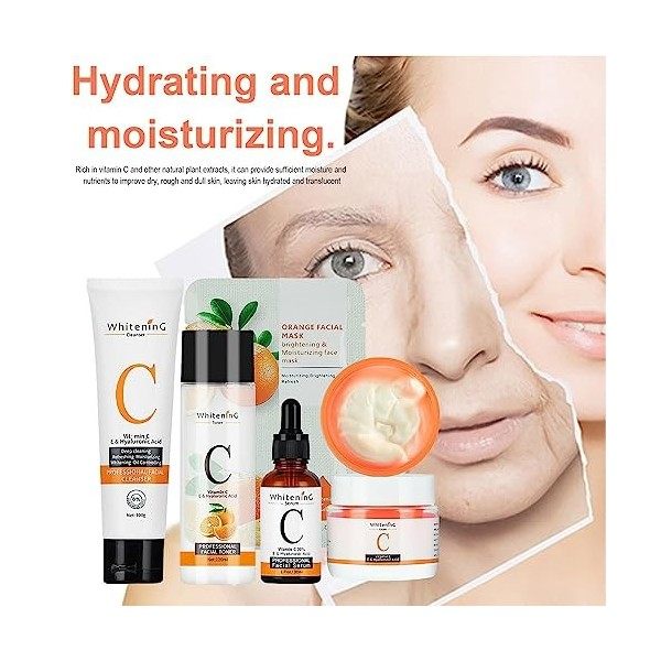 Vitamine C pour le visage,5 pièces/ensemble éclaircissent la vitamine C pour le visage | Sérums Vitamine C, nettoyant, crème 