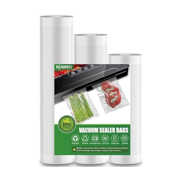 KEAWEO Sacs sous Vide Alimentaire, 3 Packs 28/25/20 x 400cm Film Sous Vide Alimentaire, Sac Congelation Sous Vide, Sac Sous V