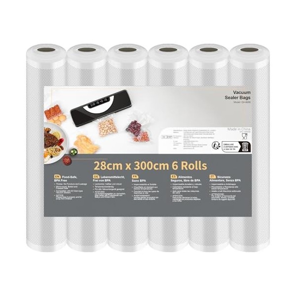 Rouleau Sous Vide Alimentaire, Sac Sous Vide Alimentaire pour Lappareil de Mise Sous Vide, 6 Rouleaux 28x300cm, Film Sous Vi