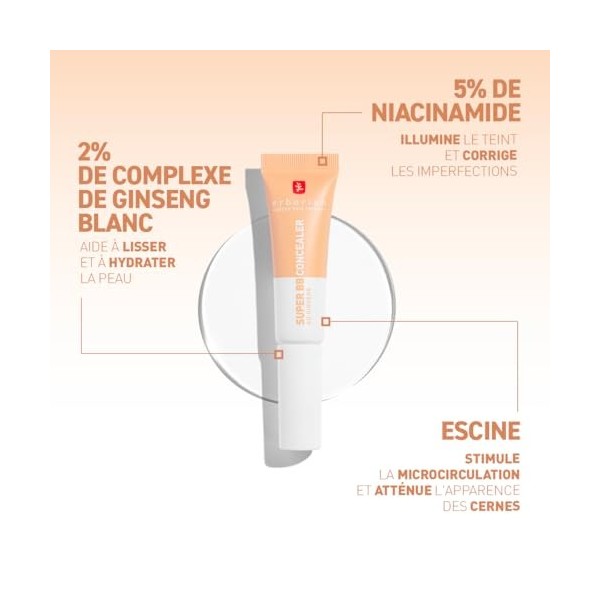 Erborian - Super BB CONCEALER - Anticernes-soin haute couvrance enrichi en Niacinamide et SPF 25 - Correcteur yeux hydratant,