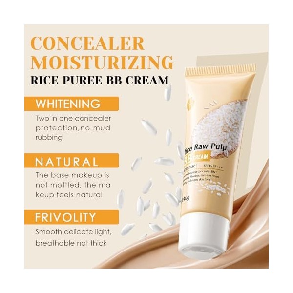 HOUSN BB Creme au Riz avec SPF 45+ et Hydratation Intense, CC Creme de Teint pour Une Couverture Naturelle et Finition Satine