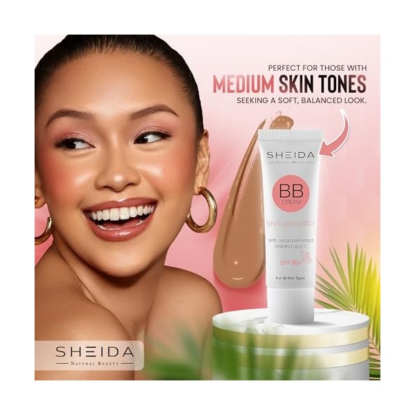 SHEIDA BB Creme Medium Crème de jour teintée avec SPF 30+, hydratation 24 h et optimiseur de la peau pour un teint uniforme, 