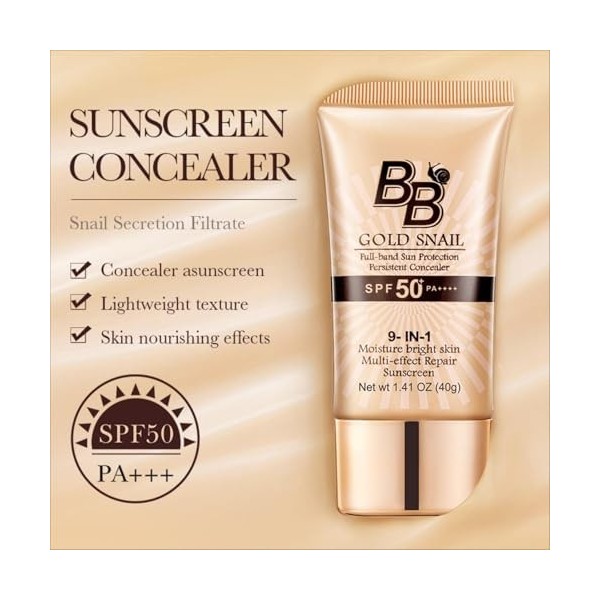 BB Crème Escargot Doré avec SPF – Sunscreen BB Cream SPF50+ PA+++, Maquillage Hydratation et Couvrance en Un, Protection UV e