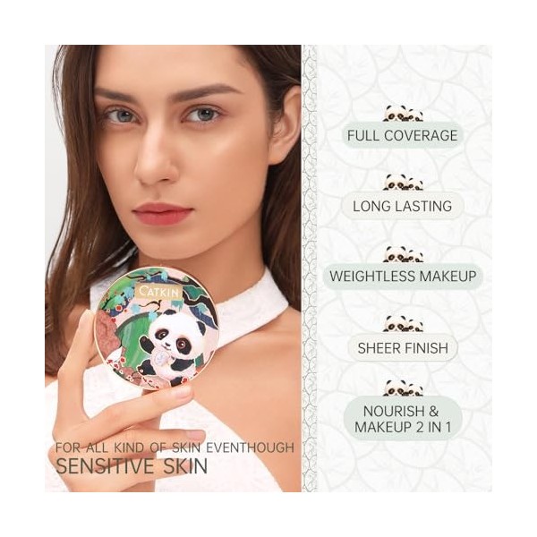CATKIN Panda Land Cushion Foundation, Fond de Teint BB Creme, Anticernes, Anti-Terne et Anti-Rougeurs, Hydratation 24H, Sheer