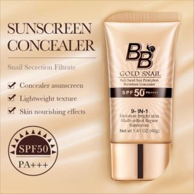 BB Crème Escargot Doré avec SPF – Sunscreen BB Cream SPF50+ PA+++, Maquillage Hydratation et Couvrance en Un, Protection UV e
