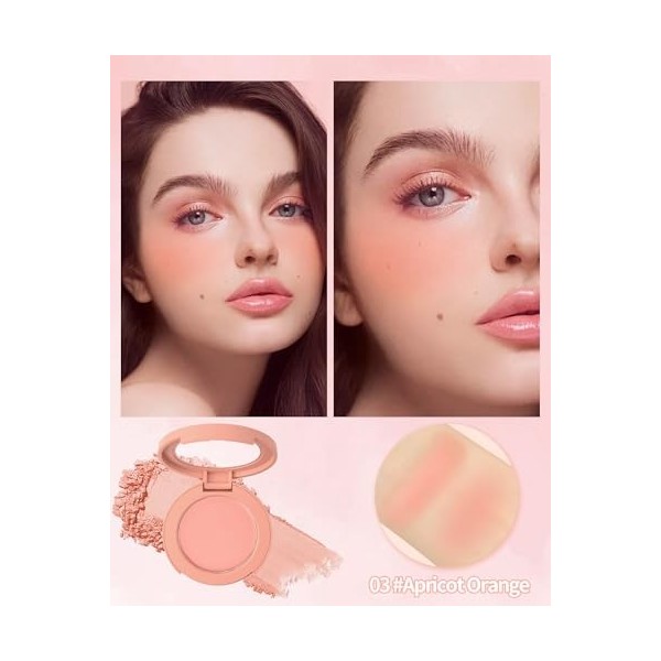Blush Poudre, Abricot Orangé Finition Mate Naturelle, Longue Durée Waterproof Fard a Joue, Pigmenté Intense Veloutée Blush, U