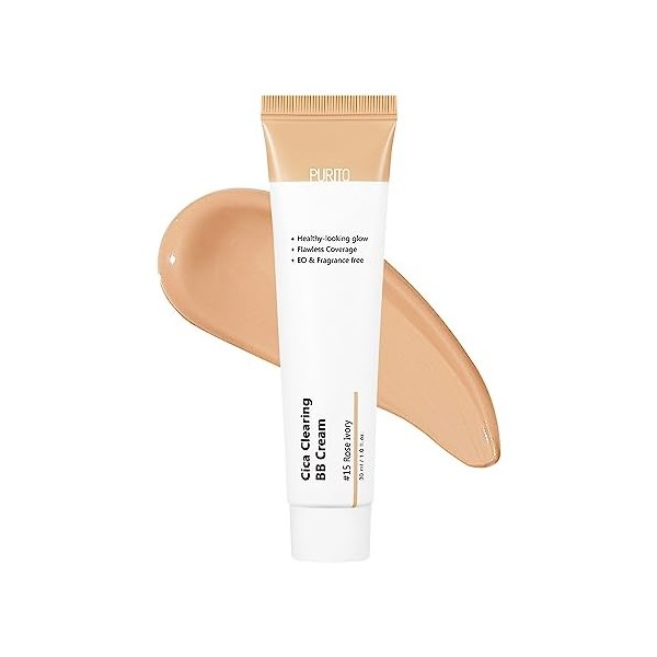 PURITO| Crème BB Cica Clearing, 15 Rose Ivory, 1 fl.oz/30 ml, crème BB végétalienne, fond de teint, non testé sur les animau