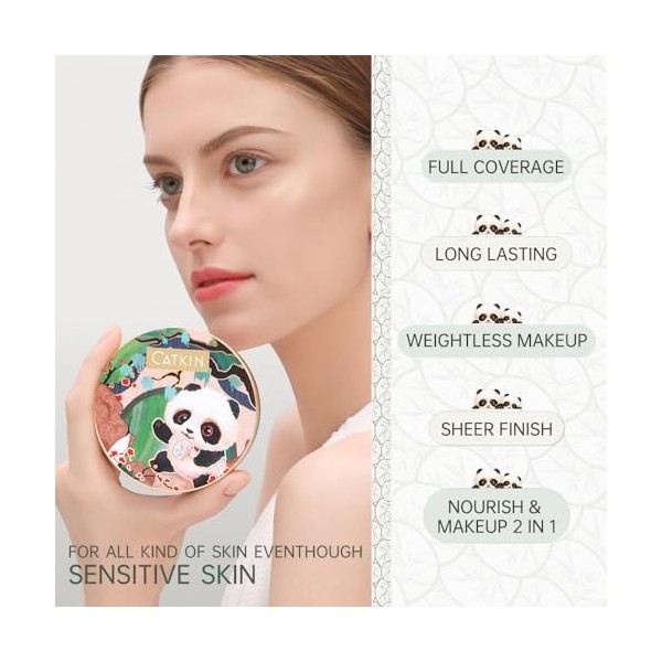 CATKIN Panda Land Cushion Foundation, Fond de Teint BB Creme, Anticernes, Anti-Terne et Anti-Rougeurs, Hydratation 24H, Sheer
