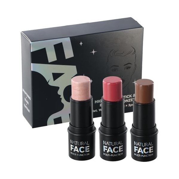 3 Couleurs Bâton de Maquillage, Longue Durée Lisse Crème Fard À Joues contouring Highlight Stick, Visage Ensemble de Bâton Co