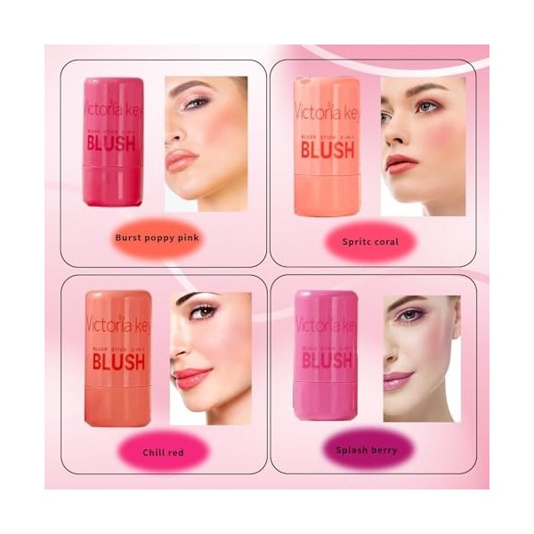 Lot de 4 bâtons de blush en gelée, poudre de rouge, couleur longue tenue peut être utilisé en superposition convient aux joue