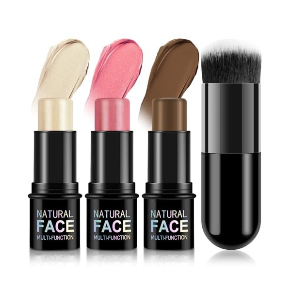 LOPHE Fard À Joues En Stick,Velvet Touch Creamy Stick Blush,3PCS Contour & Highlighter & Blush Set de Maquillage, Les Bâtons