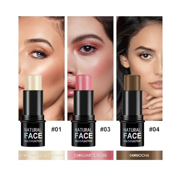 LOPHE Fard À Joues En Stick,Velvet Touch Creamy Stick Blush,3PCS Contour & Highlighter & Blush Set de Maquillage, Les Bâtons