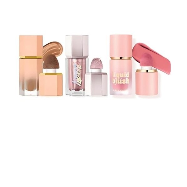 Beauty Searcher 3PCS Liquide Contour & Highlighter & Blush Set de maquillage, Longue durée, lisse et modulable Blush Crème Hi