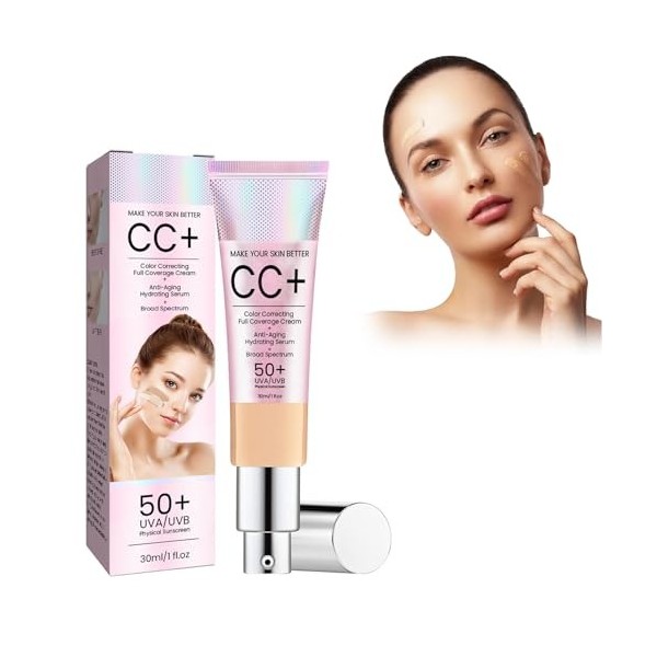 CC Cream Color Correcting, Sunscreen Concealer Waterproof & Durable, BB Cream hydratant UVA/UVB 50+, Make Up Fondation Amélio