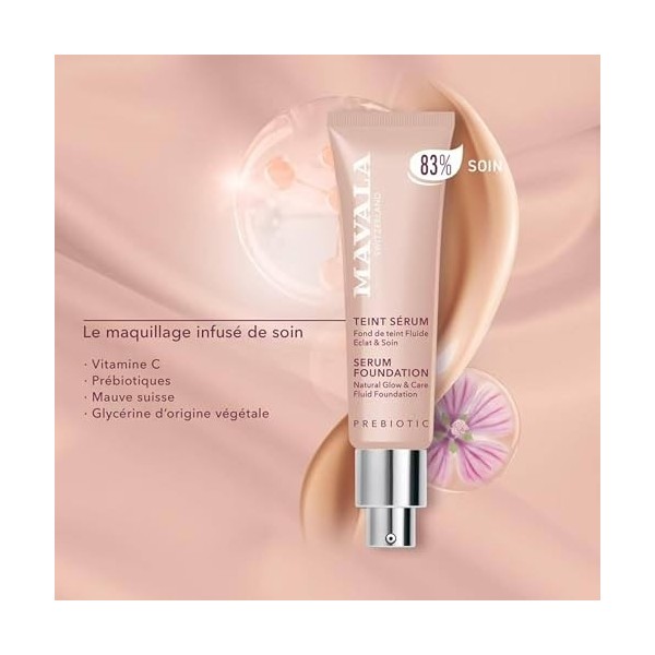 Mavala - Teint Sérum, Fond de Teint Fluide Eclat & Soin - Couvrance Modulable, Fini Semi-Mat Naturel - Soin Visage, 83% de So