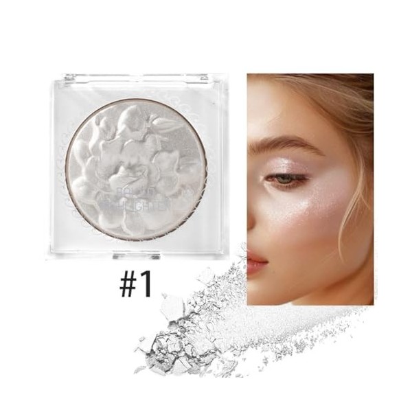 KARLOR Baked Highlighter Poudre de surligneur pressée avec brillance nacrée 3D, visage, paillettes blanches, structure floral