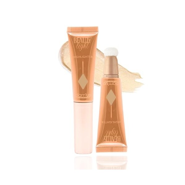 GlamUp Paris - Beauty Light - Highlighter Liquide - Illuminateur - Texture Crémeuse - Coussin Applicateur Éponge - Maquillag