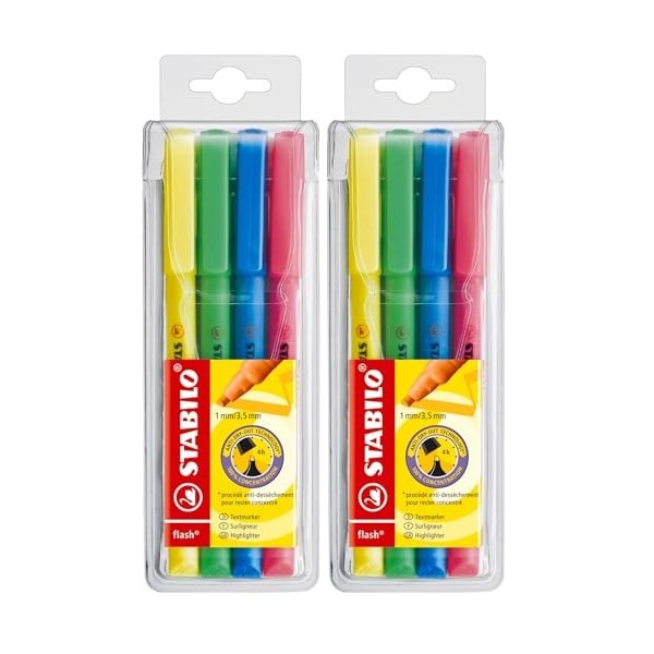 STABILO flash - Surligneur - Pochette x 4 surligneurs fluo - Coloris assortis Lot de 2