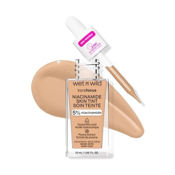 Wet n Wild Bare Focus Niacinamide Skin Tint, Hydratant Teinté à lAcide Hyaluronique, Fond de Teint Sérum Léger Glow, Maquill