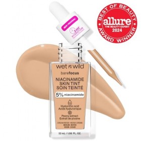 Wet n Wild Bare Focus Niacinamide Skin Tint, Hydratant Teinté à lAcide Hyaluronique, Fond de Teint Sérum Léger Glow, Maquill