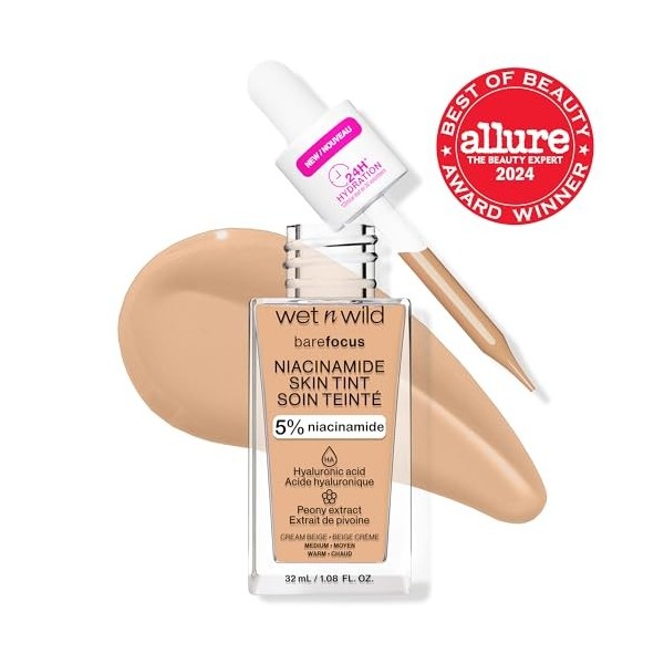Wet n Wild Bare Focus Niacinamide Skin Tint, Hydratant Teinté à lAcide Hyaluronique, Fond de Teint Sérum Léger Glow, Maquill