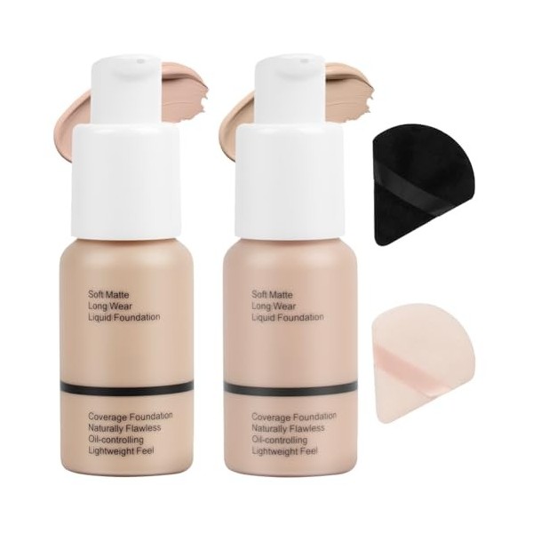 ALIIP 2PCS Fond de Teint avec Deux Houppettes,Foundation Imperméable Professional,Makeup Fond de Teint Liquide Couvrant Tenue