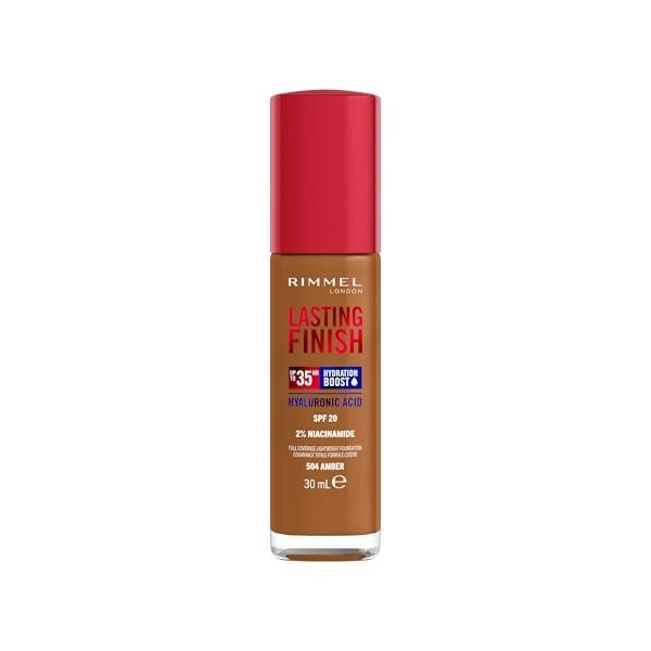 Rimmel London Lasting Finish 35 Hour, 504 Amber, fond de teint, longue tenue, hydratant, formule vegan, couvrance totale, 30