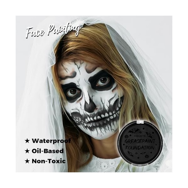 YBUETE Black Cream Foundation Face Body Painting, Professional Waterproof Oil Based Black Face Paint for Halloween SFX Skelet