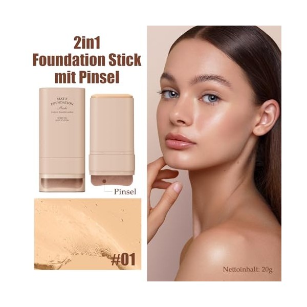 Fond de teint en stick avec pinceau, 2 en 1 - Crème couvrante complète - Imperméable et durable - Fond de teint portable avec