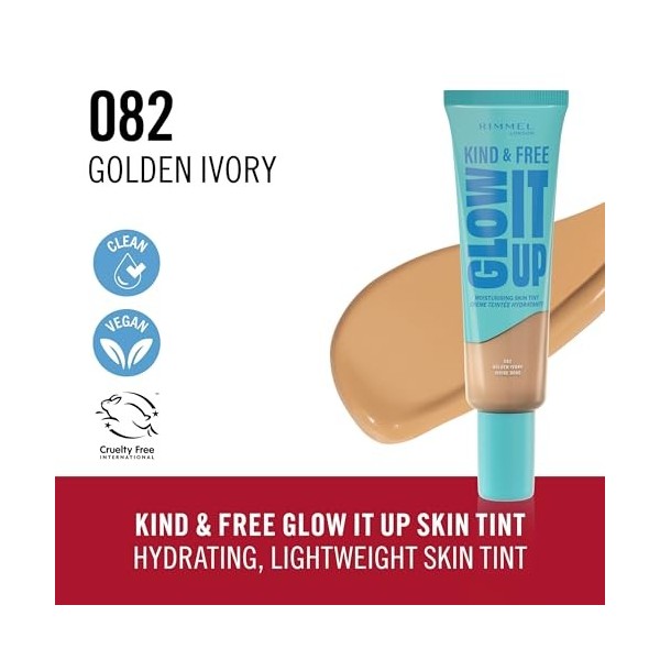 Rimmel London Kind & Free GLOW IT UP Teint Hydratant, 082 Golden Ivory, Apaise les peaux sensibles, Effet bonne mine, Hydrata