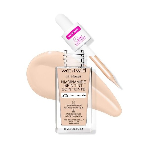 Wet n Wild Bare Focus Niacinamide Skin Tint, Hydratant Teinté à lAcide Hyaluronique, Fond de Teint Sérum Léger Glow, Maquill