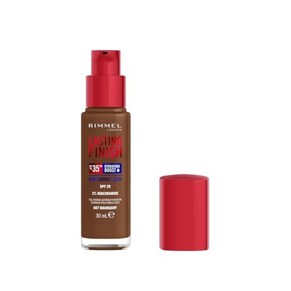 Rimmel London Lasting Finish 35 Hour, 607 Mahogany, fond de teint, longue tenue, hydratant, formule vegan, couvrance totale, 