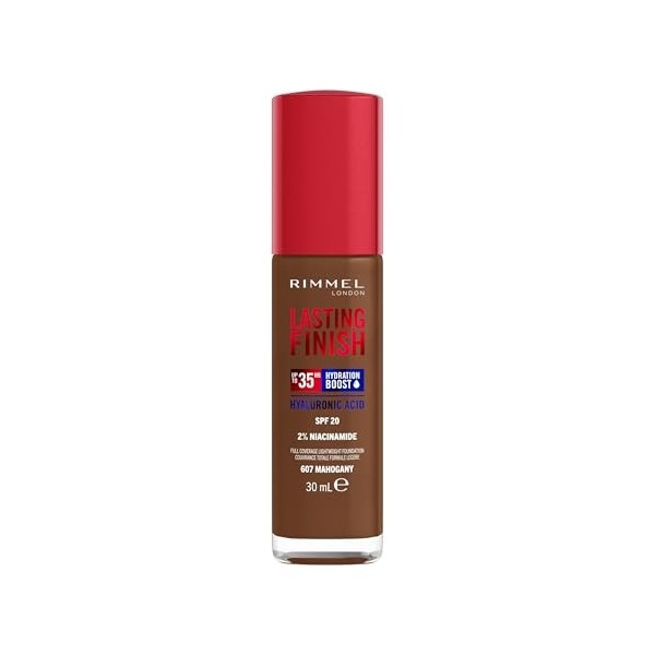 Rimmel London Lasting Finish 35 Hour, 607 Mahogany, fond de teint, longue tenue, hydratant, formule vegan, couvrance totale, 