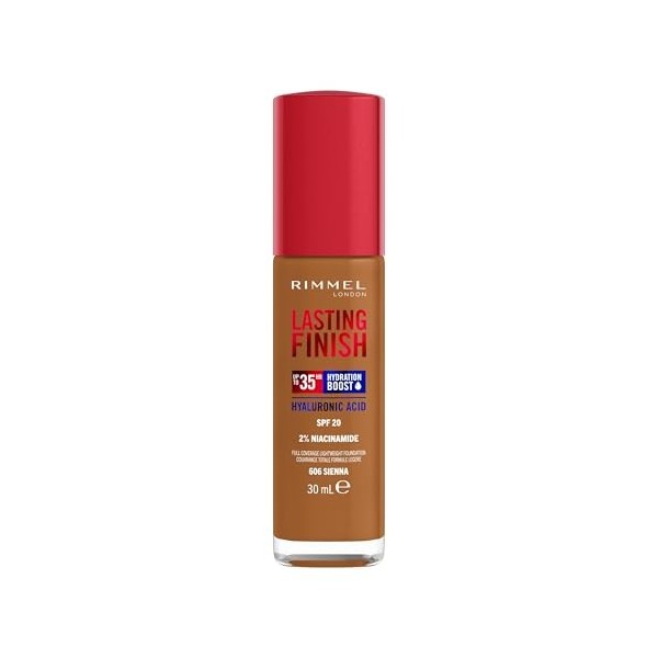 Rimmel London Lasting Finish 35 Hour, 606 Sienna, fond de teint, longue tenue, hydratant, formule vegan, couvrance totale, 30